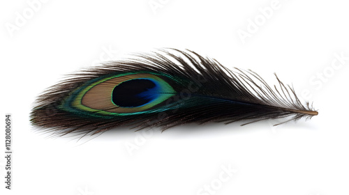 A delicate peacock feather with vibrant colors isolated on white background