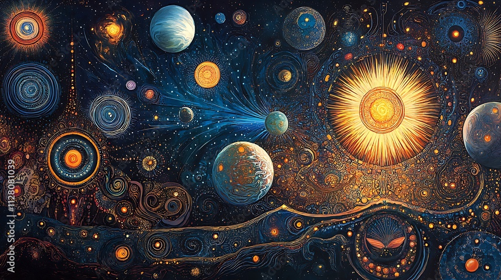 Cosmic Tapestry: A vibrant, swirling nebula with planets and stars. Cosmic Tapestry: A vibrant, swirling nebula with planets and stars.