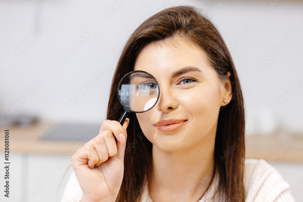 A cute young girl is holding a magnifying glass and looking at the camera A cute young girl is holding a magnifying glass and looking at the camera