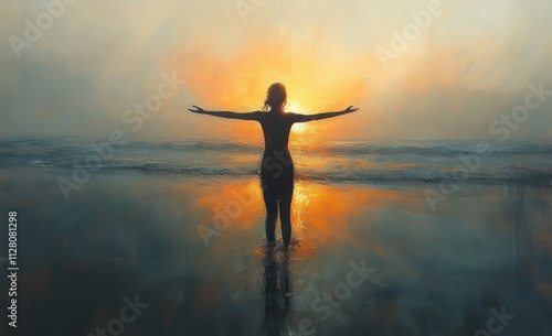 Happy man enjoying freedom and success at sunset on the beach with arms wide open celebrating life and nature