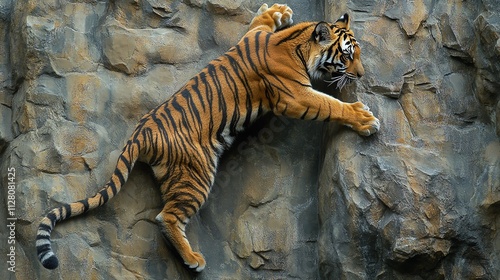 A majestic tiger climbing expertly on a rocky surface, showcasing its strength and agility in a stunning natural scene.