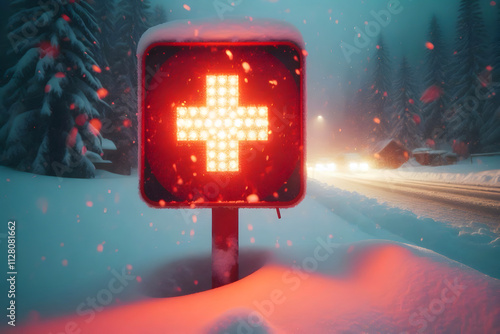 Creative image of red cross sign under the heavy snow photo