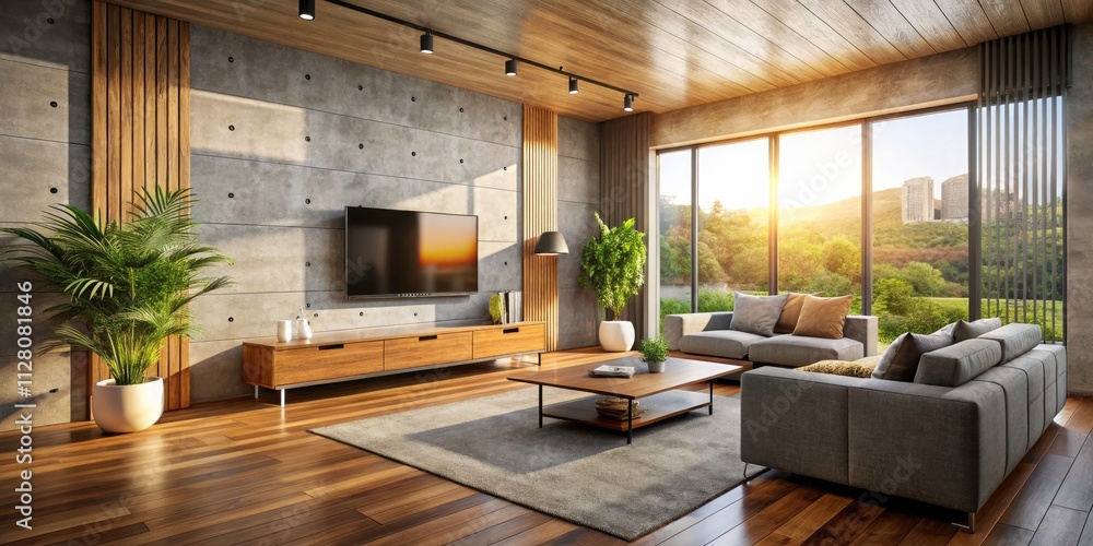 Fototapeta premium Modern Concrete & Wood Living Room Design - Urban Loft Apartment Interior
