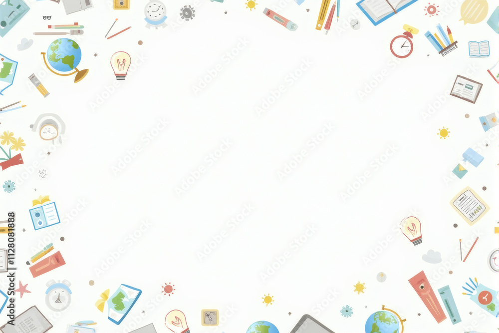 An education-themed background illustration featuring colorful graphics of classrooms, textbooks, and writing tools in a lively design.. An education-themed background illustration featuring colorful graphics of classrooms, textbooks, and writing tools in a lively design..