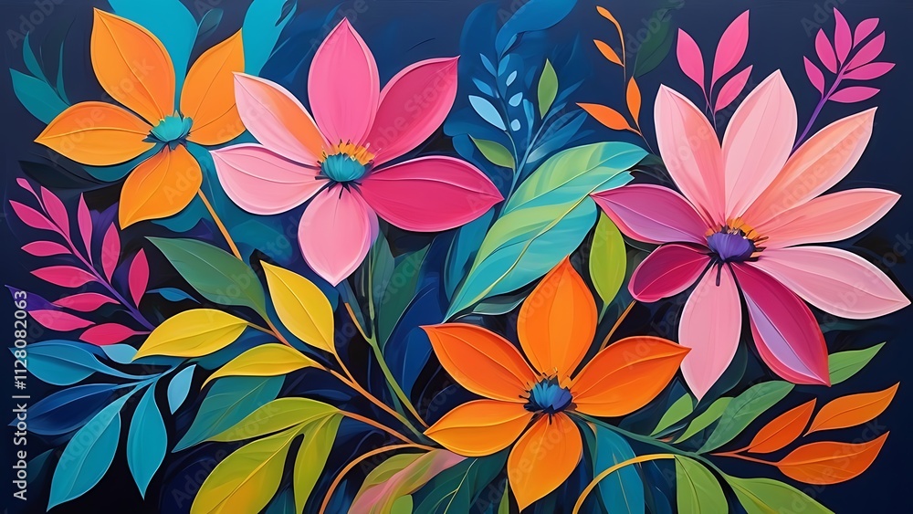 Vibrant Abstract Digital Painting of Colorful Flowers and Leaves with Dynamic Modern Design Vibrant Abstract Digital Painting of Colorful Flowers and Leaves with Dynamic Modern Design