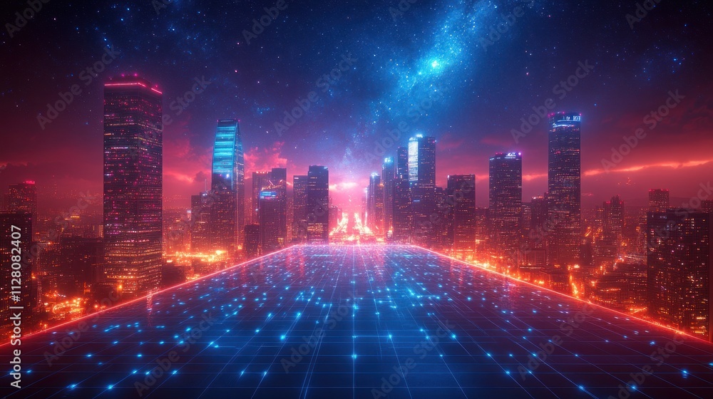 Obraz premium Futuristic cityscape at night with glowing road and galaxy.