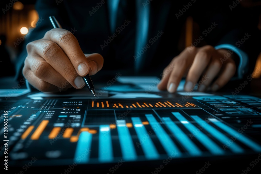 Businessman Analyzing Data on Digital Screen Businessman Analyzing Data on Digital Screen