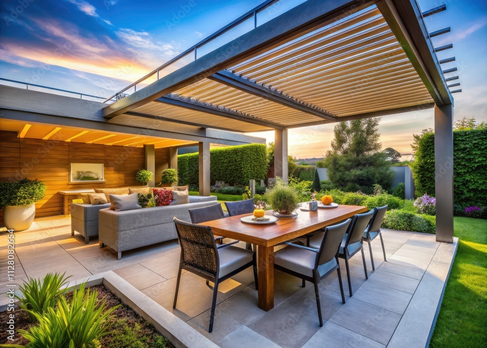 Fototapeta premium Modern Patio Design: Pergola, Awning, Roof, Grill & Furniture - Outdoor Living Space Ideas