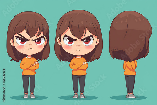 A cute, angry cartoon girl with arms crossed, shown from three angles. photo