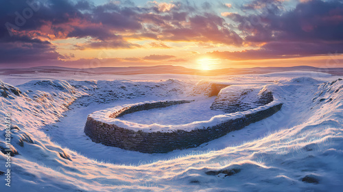 Frosty sunset illuminating ancient maeshowe chamber on winter solstice. Solstice. Illustration photo