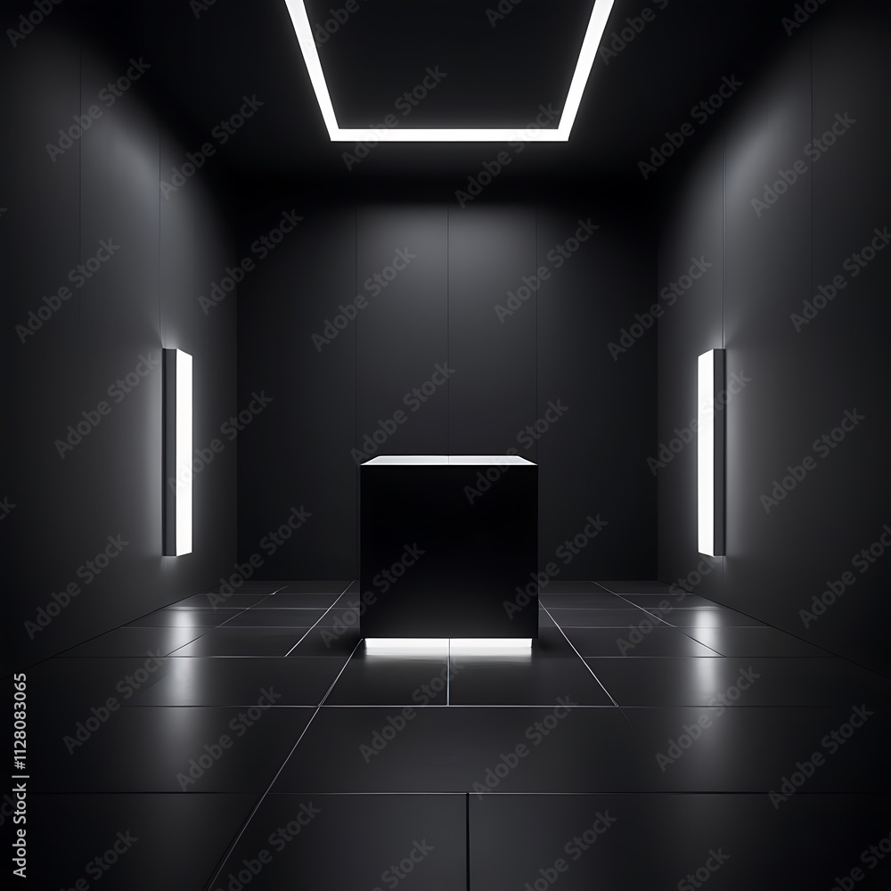 Minimalist Futuristic Interior with Glossy Black Cube and Diffused Ceiling Light in Geometric Space Minimalist Futuristic Interior with Glossy Black Cube and Diffused Ceiling Light in Geometric Space