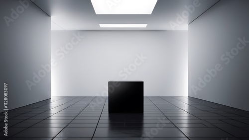 Wallpaper Mural Minimalist Futuristic Interior with Glossy Black Cube and Diffused Ceiling Light in Geometric Space Torontodigital.ca