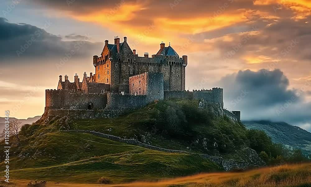 A Majestic Castle atop a Hill, Set Against a Dramatic Sky, Capturing Timeless Grandeur. A Majestic Castle atop a Hill, Set Against a Dramatic Sky, Capturing Timeless Grandeur.