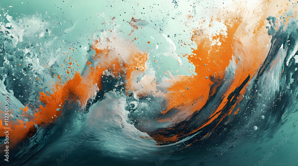 An artistic blend of soft teal tones and bright orange splashes creating a vibrant and fluid visual experience An artistic blend of soft teal tones and bright orange splashes creating a vibrant and fluid visual experience