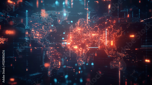 modern business and communication technology concept world map, lights illuminates a detailed map of the world with technology concept, map world animated connections and data streams global business.