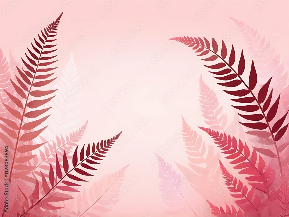 Abstract Digital Illustration of Symmetrical Red and Pink Gradient Fern Leaves on Pastel Pink Background Abstract Digital Illustration of Symmetrical Red and Pink Gradient Fern Leaves on Pastel Pink Background