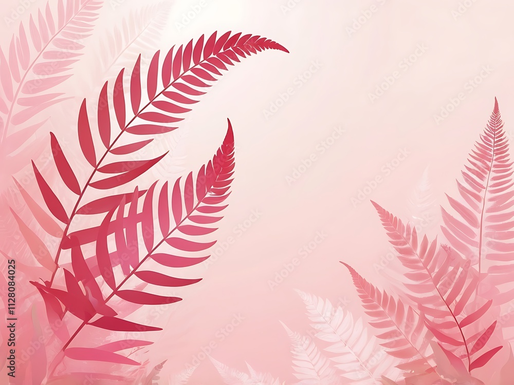 Abstract Digital Illustration of Symmetrical Red and Pink Gradient Fern Leaves on Pastel Pink Background Abstract Digital Illustration of Symmetrical Red and Pink Gradient Fern Leaves on Pastel Pink Background
