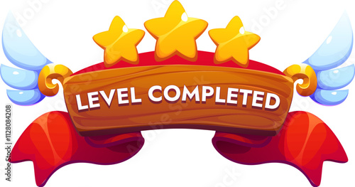 Cartoon game asset or icon displays a Level Completed badge with three shining stars, angelic wings, wooden board, sparks and red ribbon, embodies achievement and success for games and mobile apps