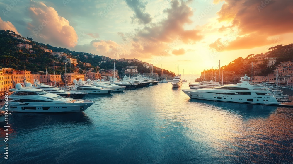 Skyline of a coastal city, luxury yachts in the marina, sunset glow on buildings, Skyline of a coastal city, luxury yachts in the marina, sunset glow on buildings,