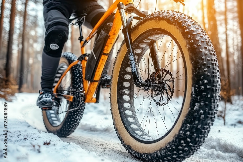 Fat Bike Ride in Snowy Forest at Sunset Fat Bike Ride in Snowy Forest at Sunset