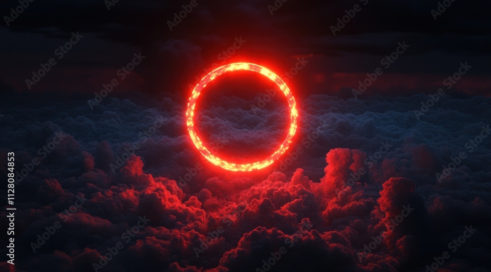 Fiery ring glowing above dark cloudscape. Fiery ring glowing above dark cloudscape.