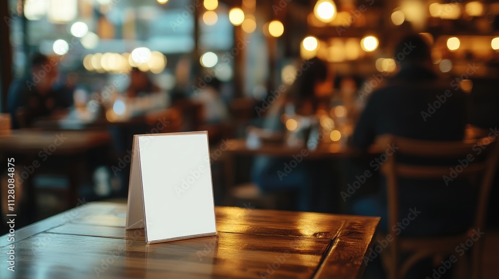 custom made wallpaper toronto digitalA blank menu stands on a wooden table in a cozy restaurant setting with warm lighting.