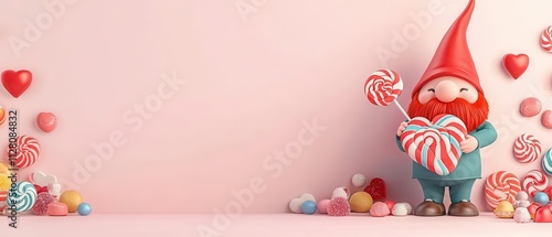 A cheerful gnome with a red beard holding a giant lollipop shaped like a heart photo