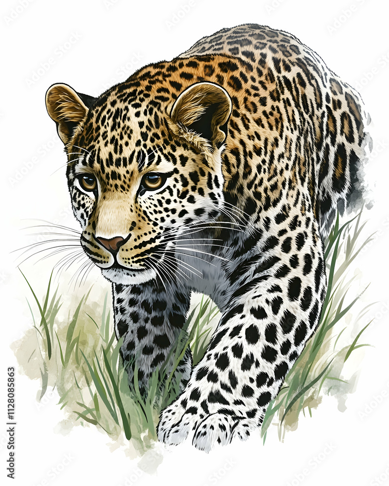 Naklejka premium Majestic leopard stalking through tall grass.