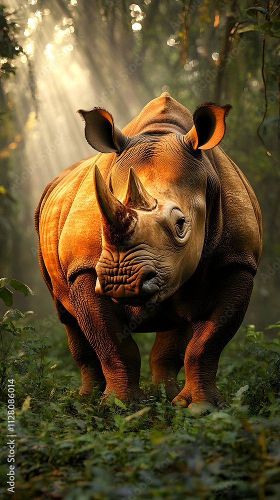 Obraz premium Majestic rhino in sunlit forest, powerful, strong, wild animal.