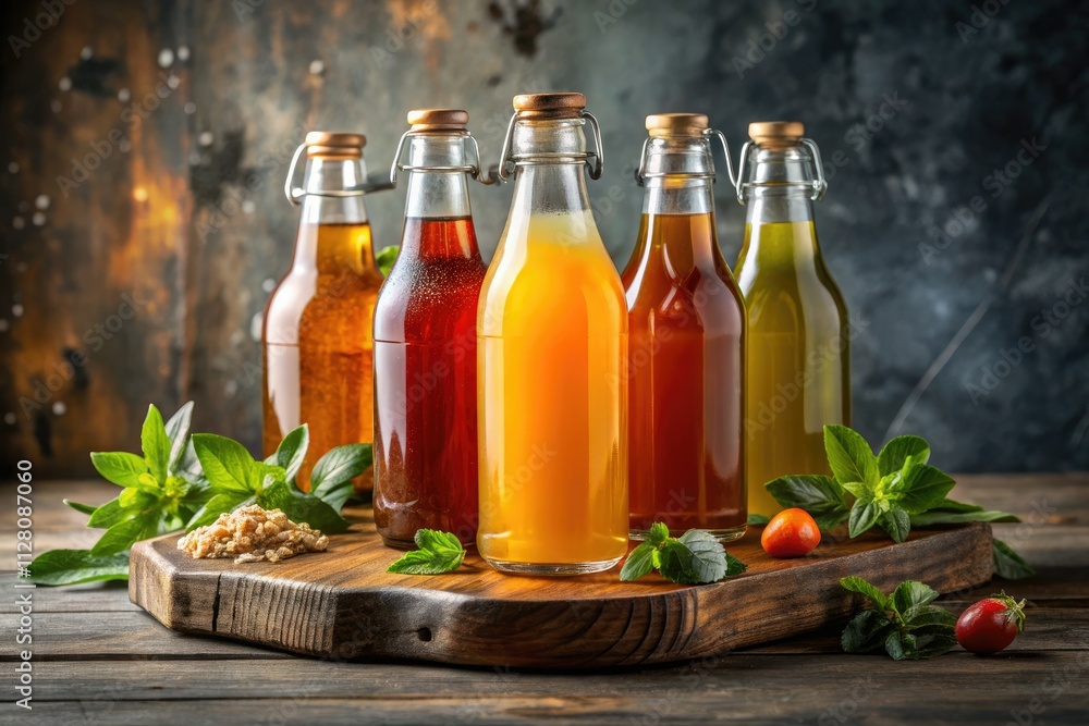 Grey background highlights handcrafted kombucha bottles nestled on a rustic wooden board; deep depth of field. Grey background highlights handcrafted kombucha bottles nestled on a rustic wooden board; deep depth of field.