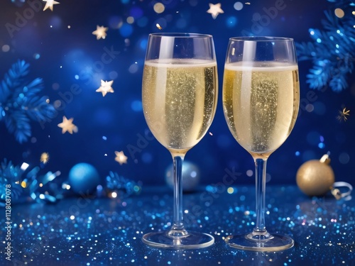 Festive banner. Two glasses of champagne on a dark blue background with a Christmas tree with lights, bokeh, glitter, sparks, and confetti.