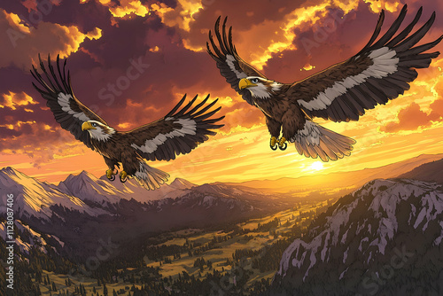 Two eagles soaring at sunset over majestic mountains. photo