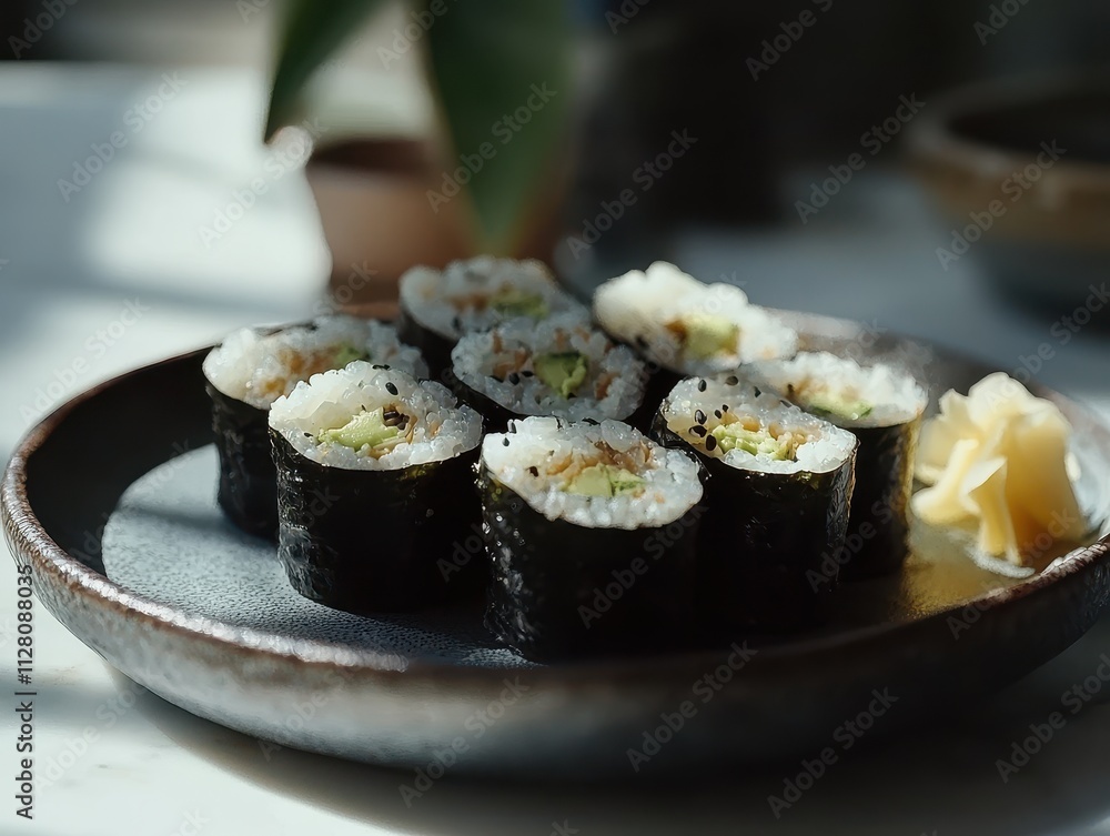 A plate of sushi rolls garnished with ginger, showcasing a delicious Japanese cuisine. A plate of sushi rolls garnished with ginger, showcasing a delicious Japanese cuisine.