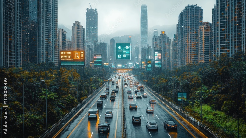 Obraz premium Rainy day traffic jam on a highway amidst towering skyscrapers.