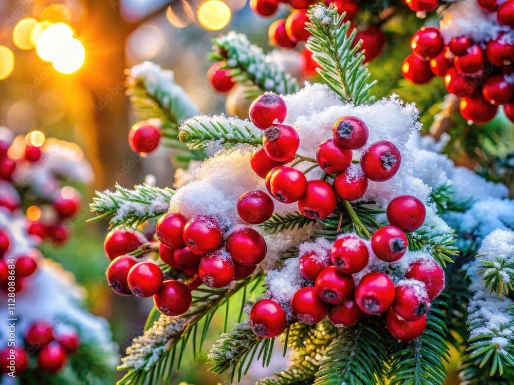 Snowy Christmas Tree, Red Berries, Winter Wonderland - Festive Holiday Photo Snowy Christmas Tree, Red Berries, Winter Wonderland - Festive Holiday Photo
