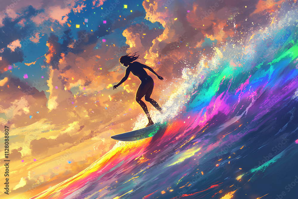Naklejka premium a person playing surf in the rainbow sea