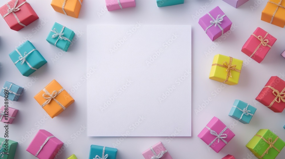 A blank sheet surrounded by colorful gift boxes, ideal for celebration or invitation design. A blank sheet surrounded by colorful gift boxes, ideal for celebration or invitation design.