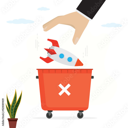 Unsuccessful launch, businessman hand throw rocket into big trash bin. Crisis or recession slows down new projects development. New launch failure from poor management.