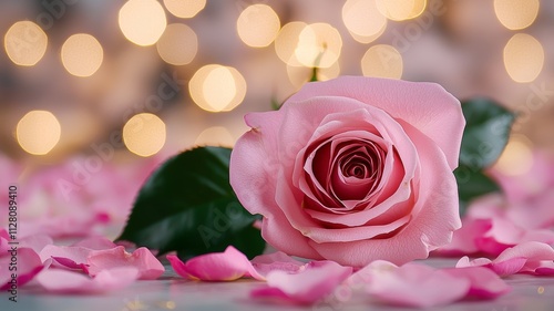 Pink Rose  Petals  Bokeh Lights  Valentine s Day  Romance photo