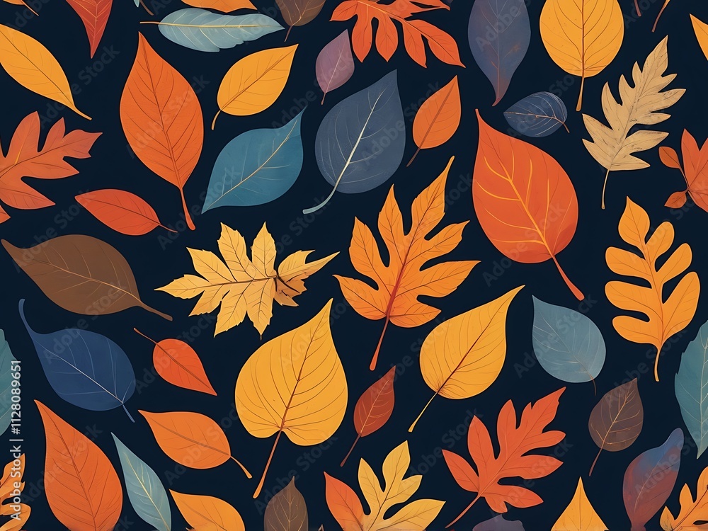 Seamless Autumn Leaves Pattern with Vibrant Colors on Dark Blue Background – Detailed Digital Illustration Capturing the Essence of Fall Seamless Autumn Leaves Pattern with Vibrant Colors on Dark Blue Background – Detailed Digital Illustration Capturing the Essence of Fall