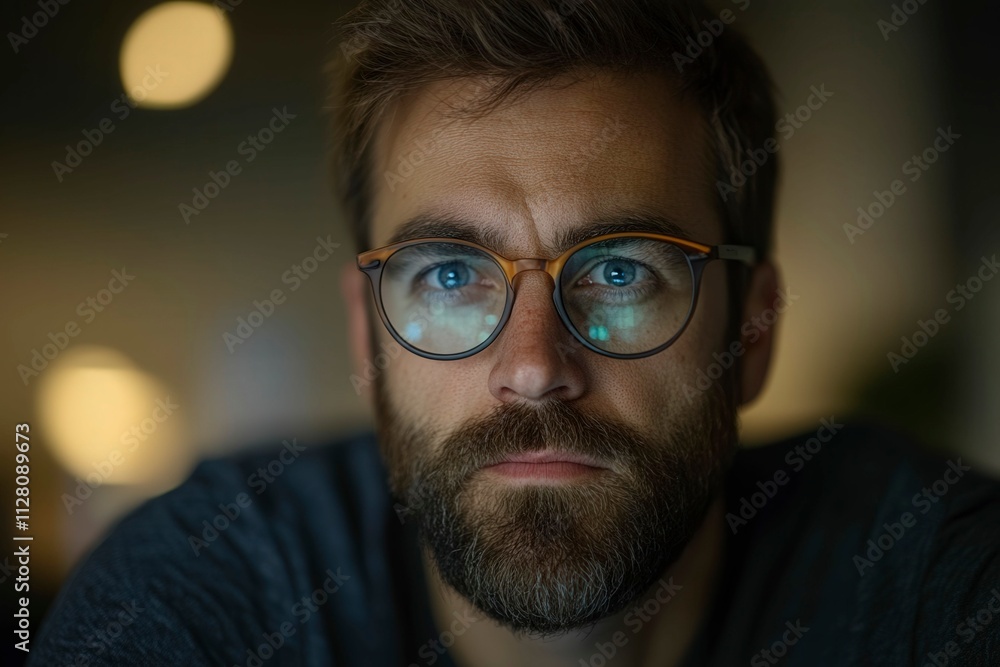 Thoughtful Man with Glasses in Low Light Setting Thoughtful Man with Glasses in Low Light Setting