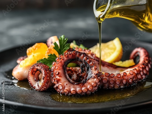 A beautifully plated octopus dish drizzled with olive oil and garnished with lemon and parsley.