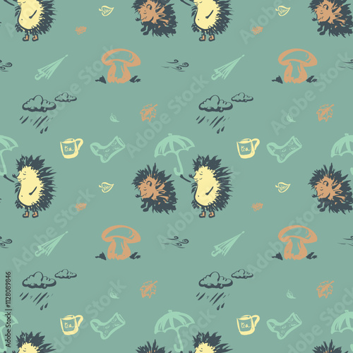 Seamless pattern, Hedgehog holding an umbrella and cover another hedgehog in rainy autumn weather. Doodle hand drawing texture with cute wild animal.