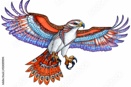 Colorful stylized hawk in flight, intricate wing detail. photo