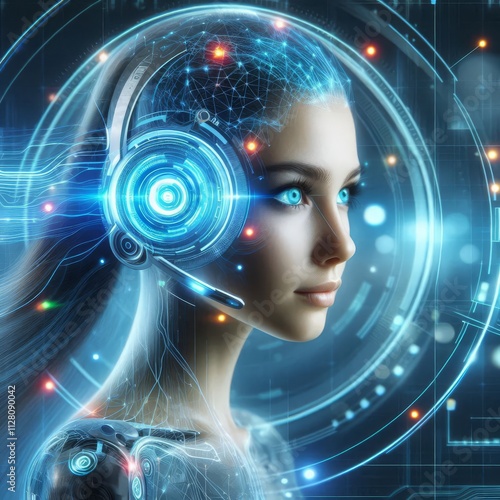 Futuristic woman with a digital headset, blending technology and human interaction, symbolizing innovation in communication, ai call center concept 