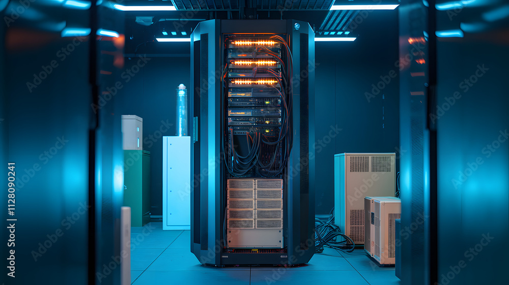 Modern game server rack with blinking lights and cables, symbolizing high-tech infrastructure and online gaming, set against a dark background. Modern game server rack with blinking lights and cables, symbolizing high-tech infrastructure and online gaming, set against a dark background.