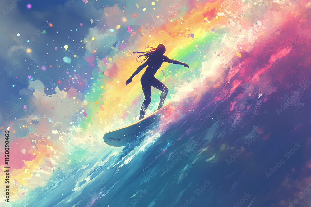 Naklejka premium a person playing surf in the rainbow sea