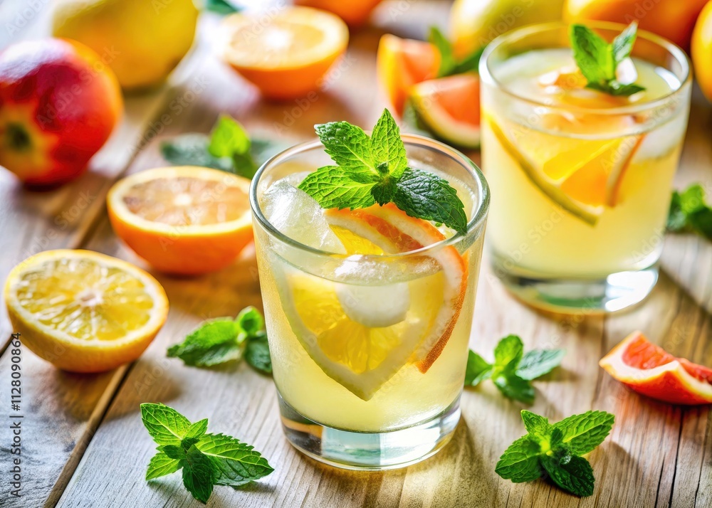 Summer Lemonade, Citrus Cocktail, Tilt-Shift Photography, Refreshing Drink, Light Background Summer Lemonade, Citrus Cocktail, Tilt-Shift Photography, Refreshing Drink, Light Background