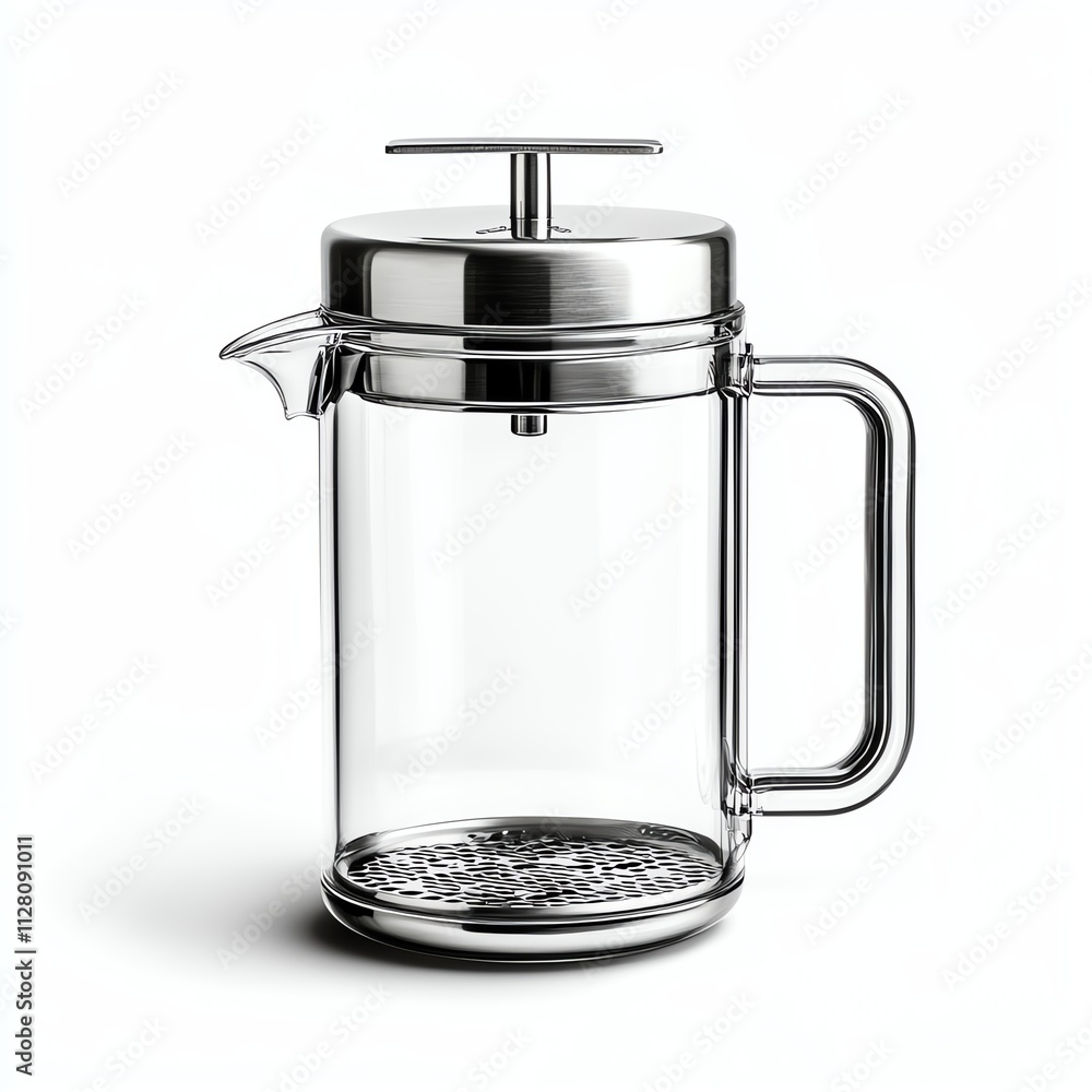 A sleek, modern French press made of glass and stainless steel, perfect for brewing rich coffee with a stylish design. A sleek, modern French press made of glass and stainless steel, perfect for brewing rich coffee with a stylish design.