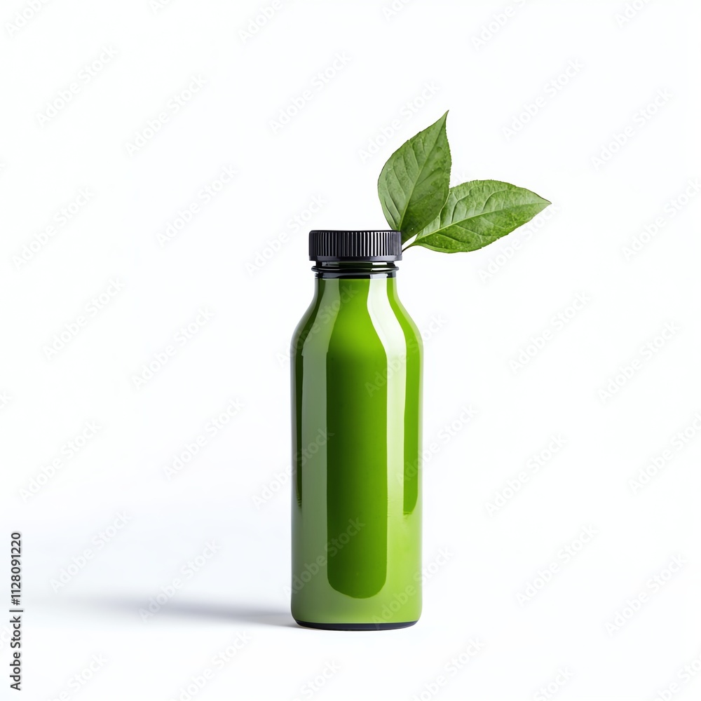 A sleek green bottle with a black cap and a sprig of leaves, symbolizing freshness and health, stands against a white background. A sleek green bottle with a black cap and a sprig of leaves, symbolizing freshness and health, stands against a white background.